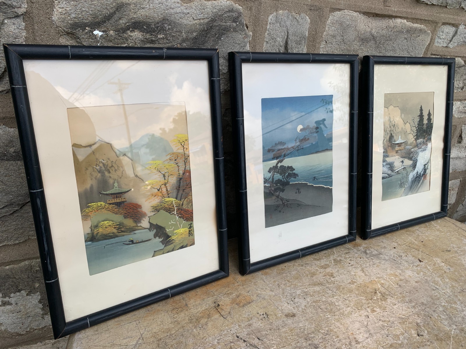 Arai Yoshimune +2 VTG Oriental Japanese Wood Block Paintings Framed Art 12×16″