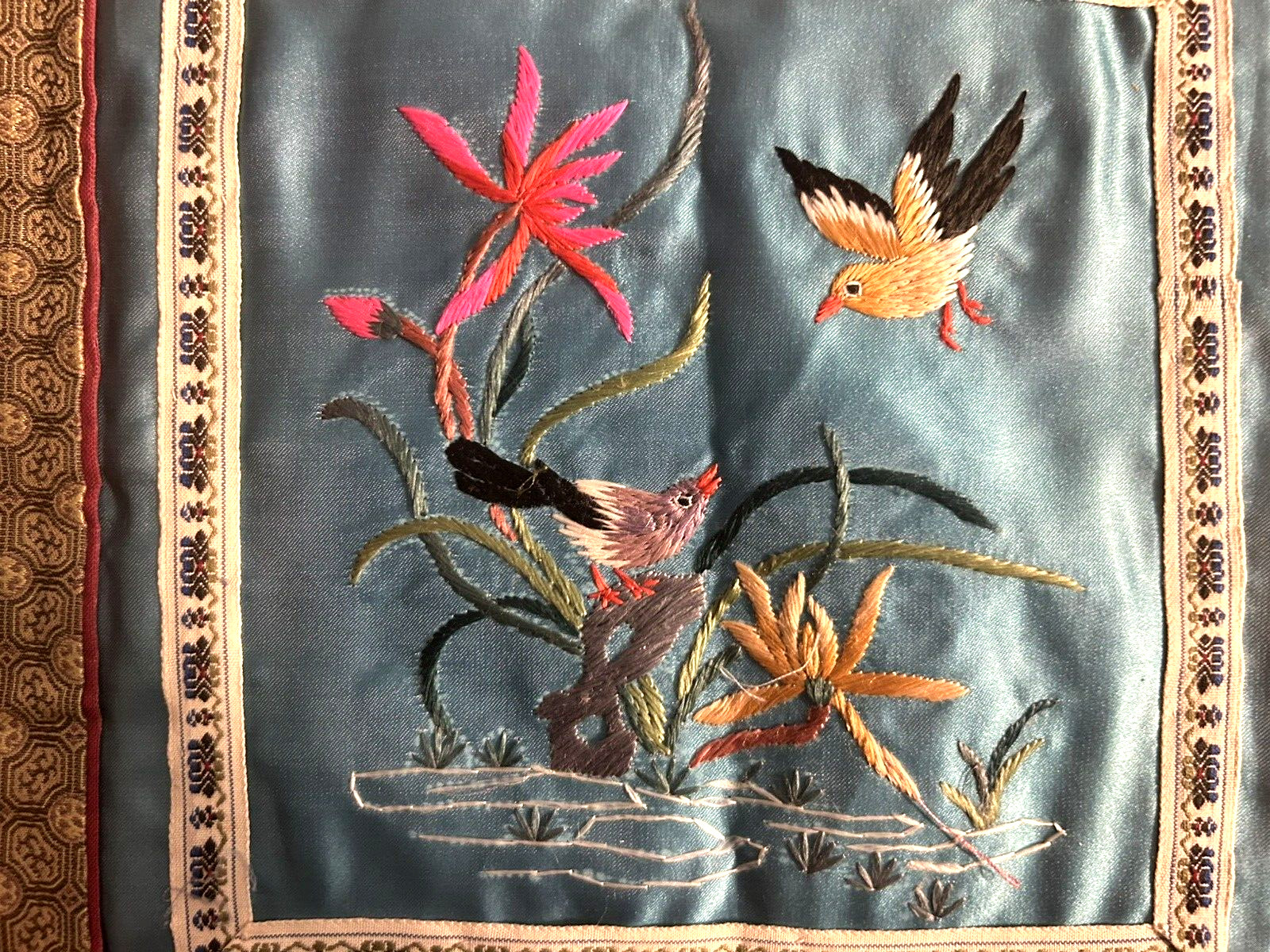 Chinese Silk Hand Embroidered Birds & Flowers Panel 11″ x 11″
