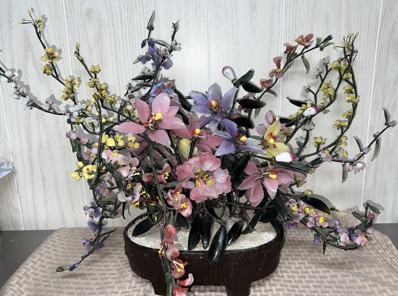 Vtg Jade Bonsai Flower Tree Pot Green Pink Quartz Glass Plant Large China