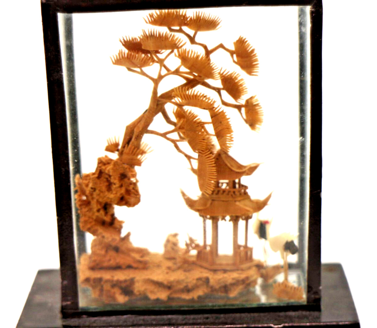 Miniature Cork Wood Carved Village Diorama Scene in Glass Wood Case