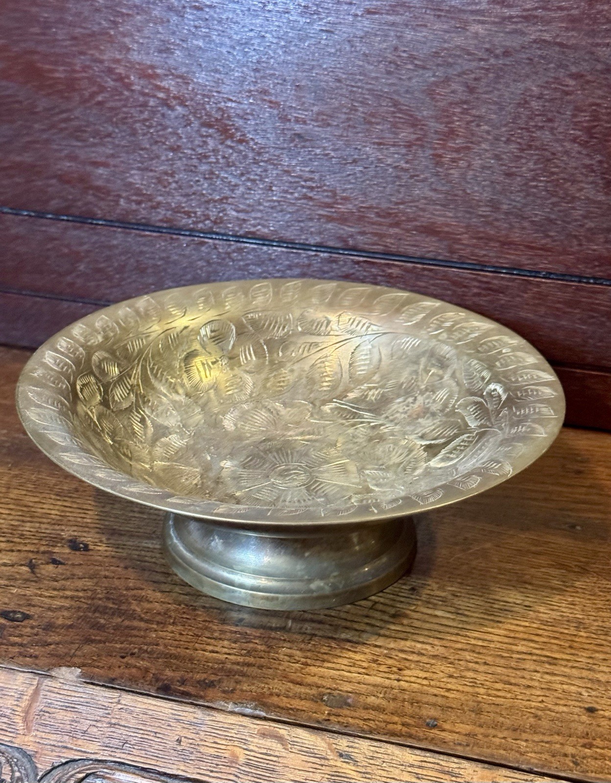 Solid Brass Bowl Engraved Pedestal Floral Compote 8 Inch Centerpiece Statement