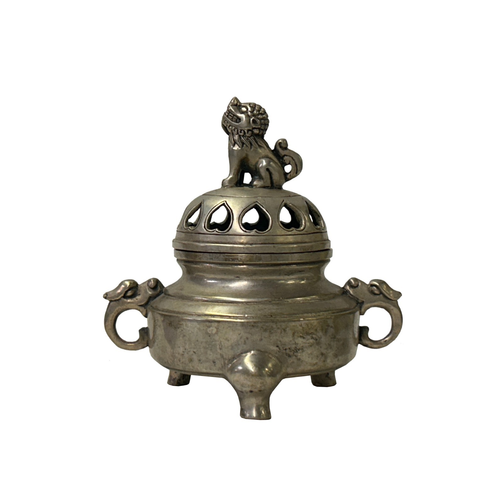 Vintage Silver Pewter Color Metal Foo Dog Ding Shape Incense Holder ws4897