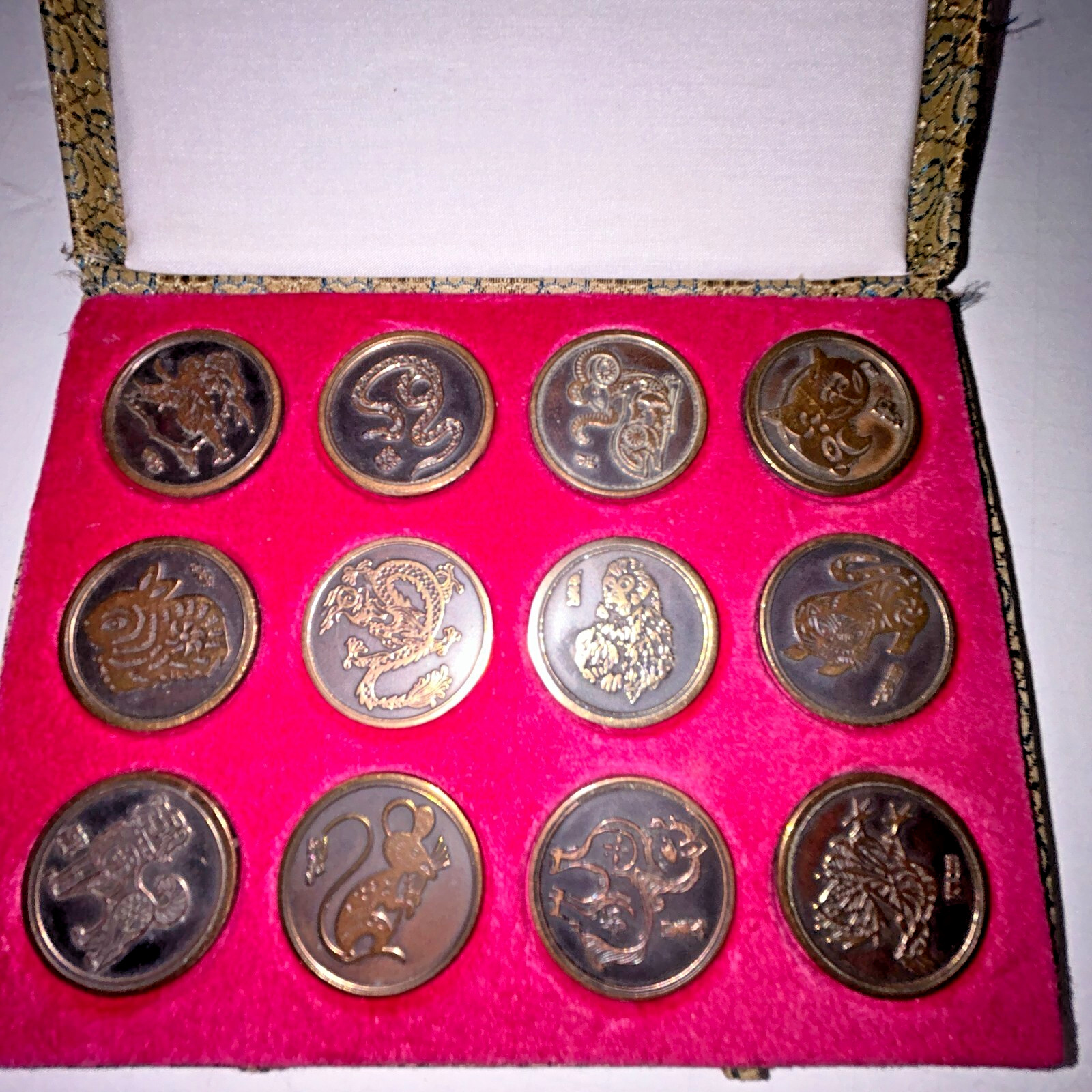 Chinese Zodiac Metal Coins Collection Antique Brass Historical, Silk Box