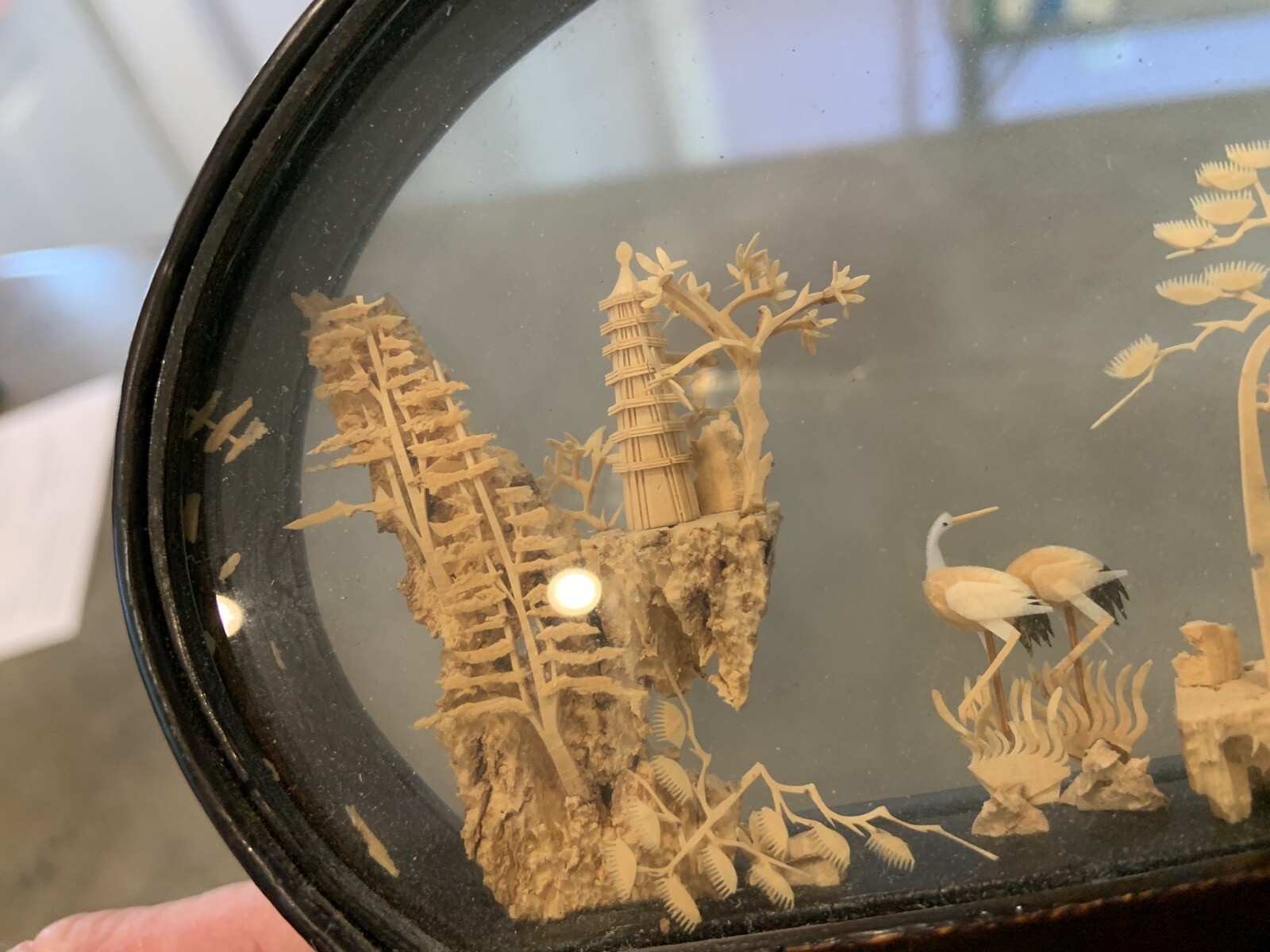 VINTAGE CHINESE SAN YOU DIORAMA CORK CARVING GLASS CASE PAGODA TREES & CRANES.