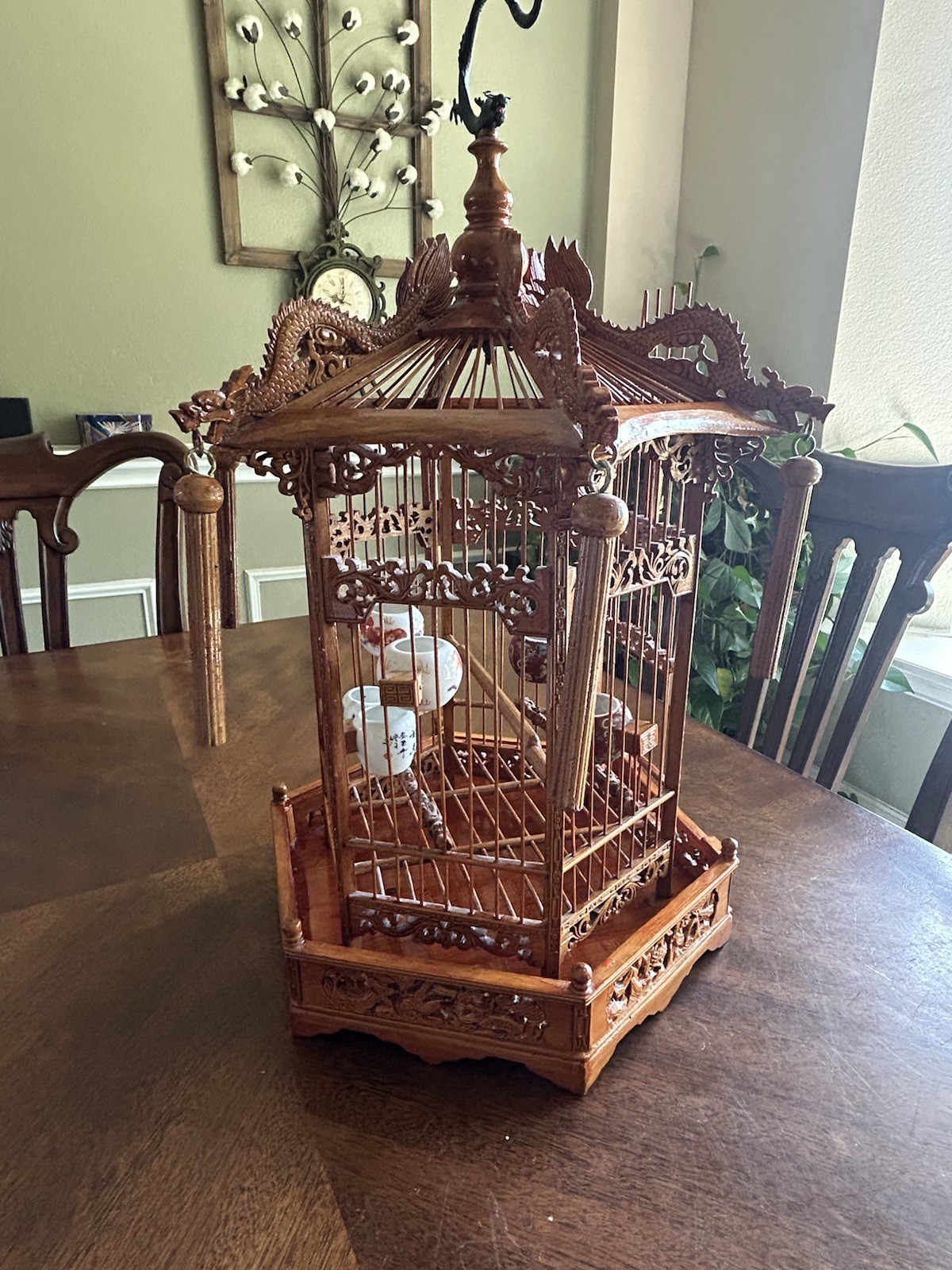 Antique Chinese Bamboo Bird Cage Hand Carved Vintage Feeders