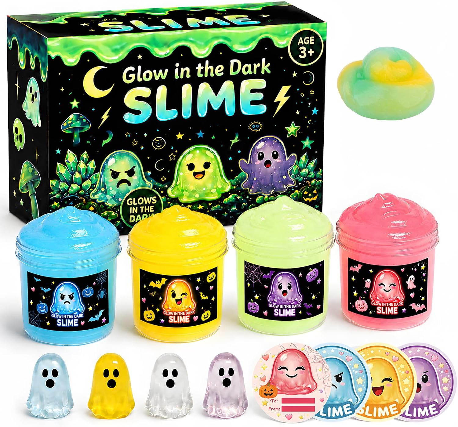 4 Pack Glow in the Dark Slime Kit for Kids, Soft Slow-Stretch Slime with Ghost C