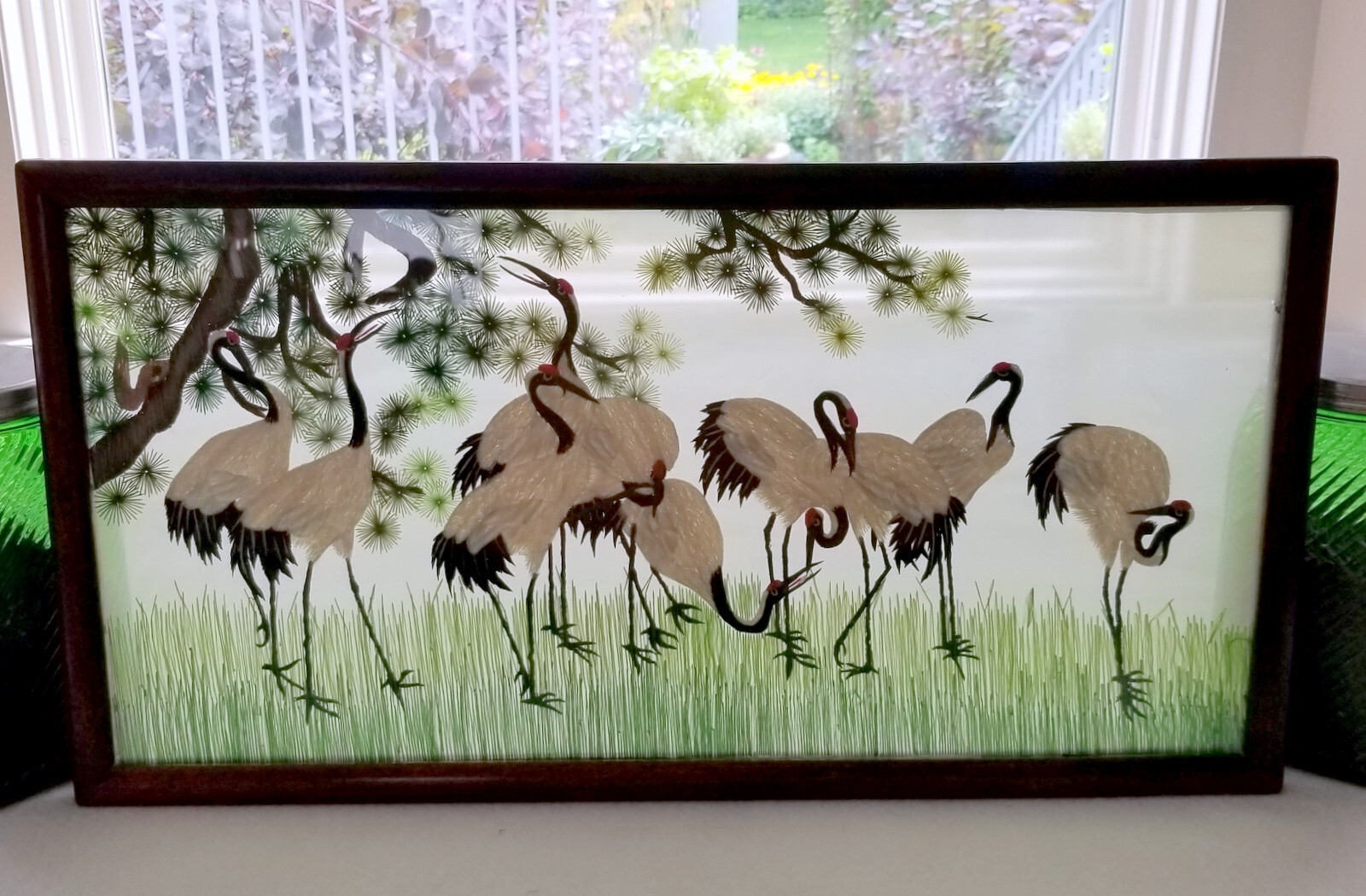 Vintage Chinese Su Silk Embroidery Double Sided Frmd 20.5″ Red Crowned Cranes