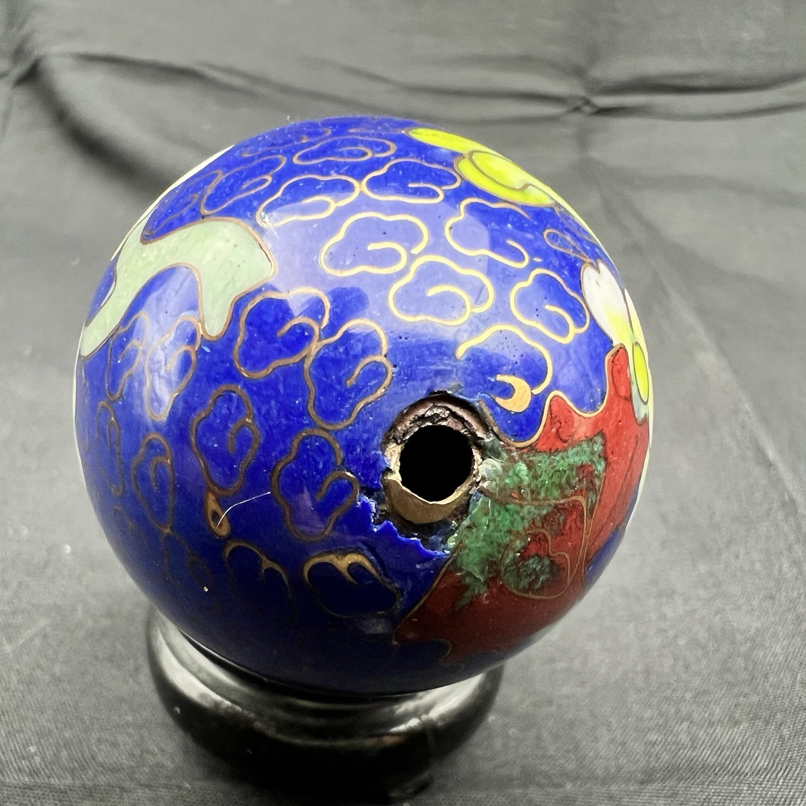 Vintage Chinese Cloisonne Enamel Egg Pair Red Blue Floral w Wood Stands