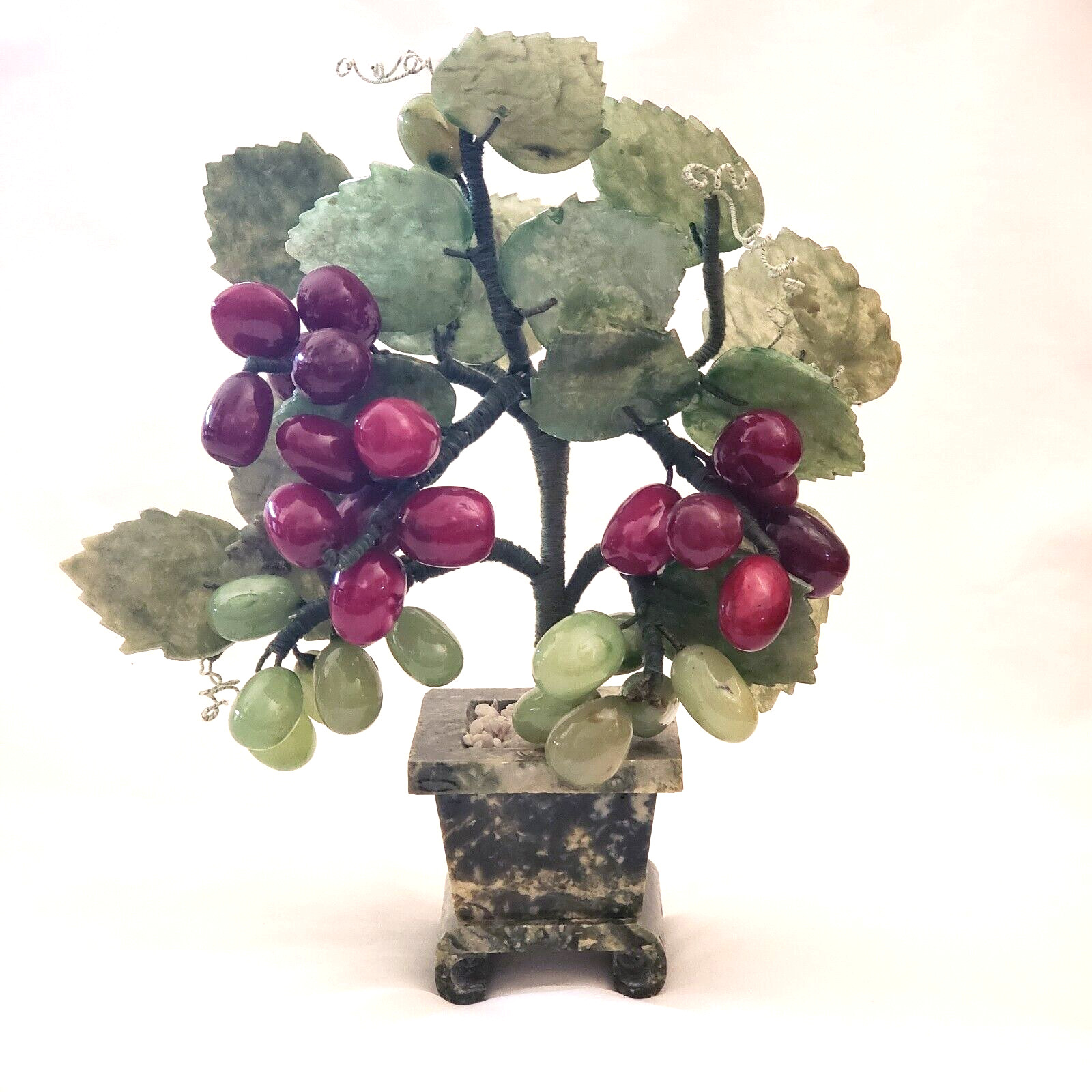 Jade Bonsai Grape Vine Tree Studio Art Carved Stone in Marble Planter 9″ Vintage