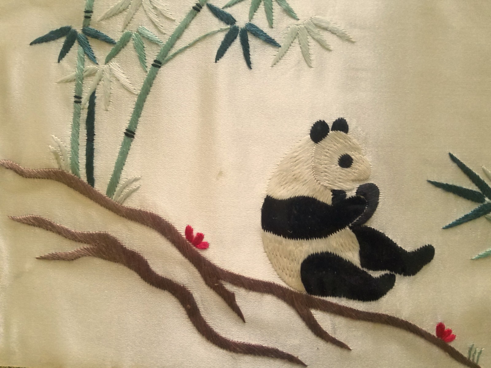 Chinese Embroidered Pandas and Bamboo Picture on Silk, Circa 2001