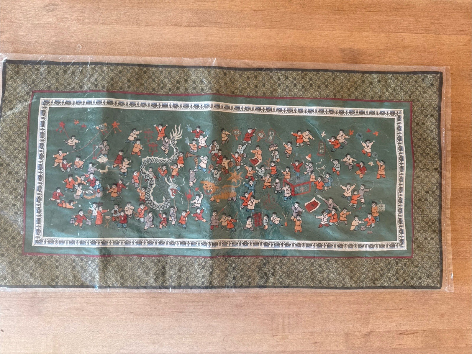 Vintage Chinese Silk Embroidery Panel “100 Children” Dragon 13.5×25.5 NOS