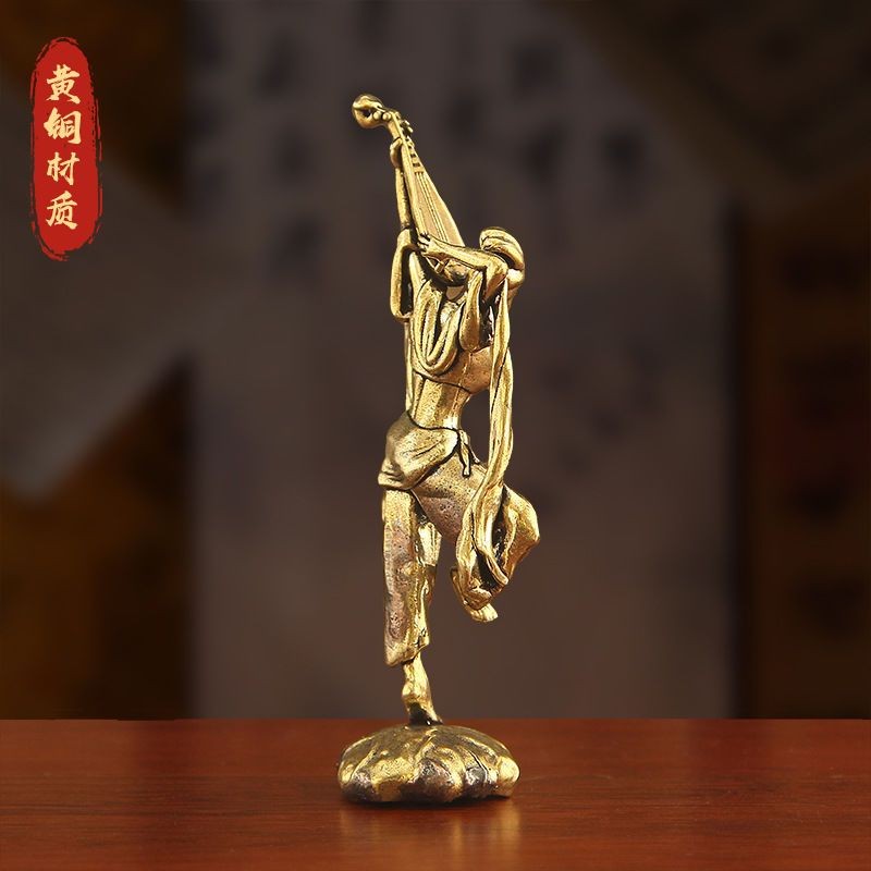 Brass Pipa Fairy Statue 9.7cm Flying Goddess Ornament Retro Copper Craft Gift