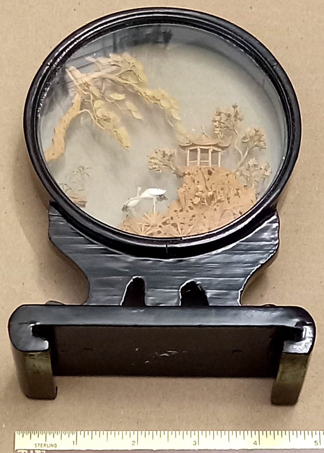 Vintage Chinese Diorama with Cranes Pagoda & Trees Carved Cork Black Lacquer 8″