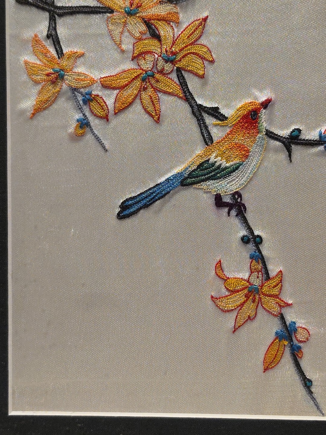 VTG Asian Chinese Silk Embroided Bird on Blossom Branch Framed Art 11.5″x 14.5″