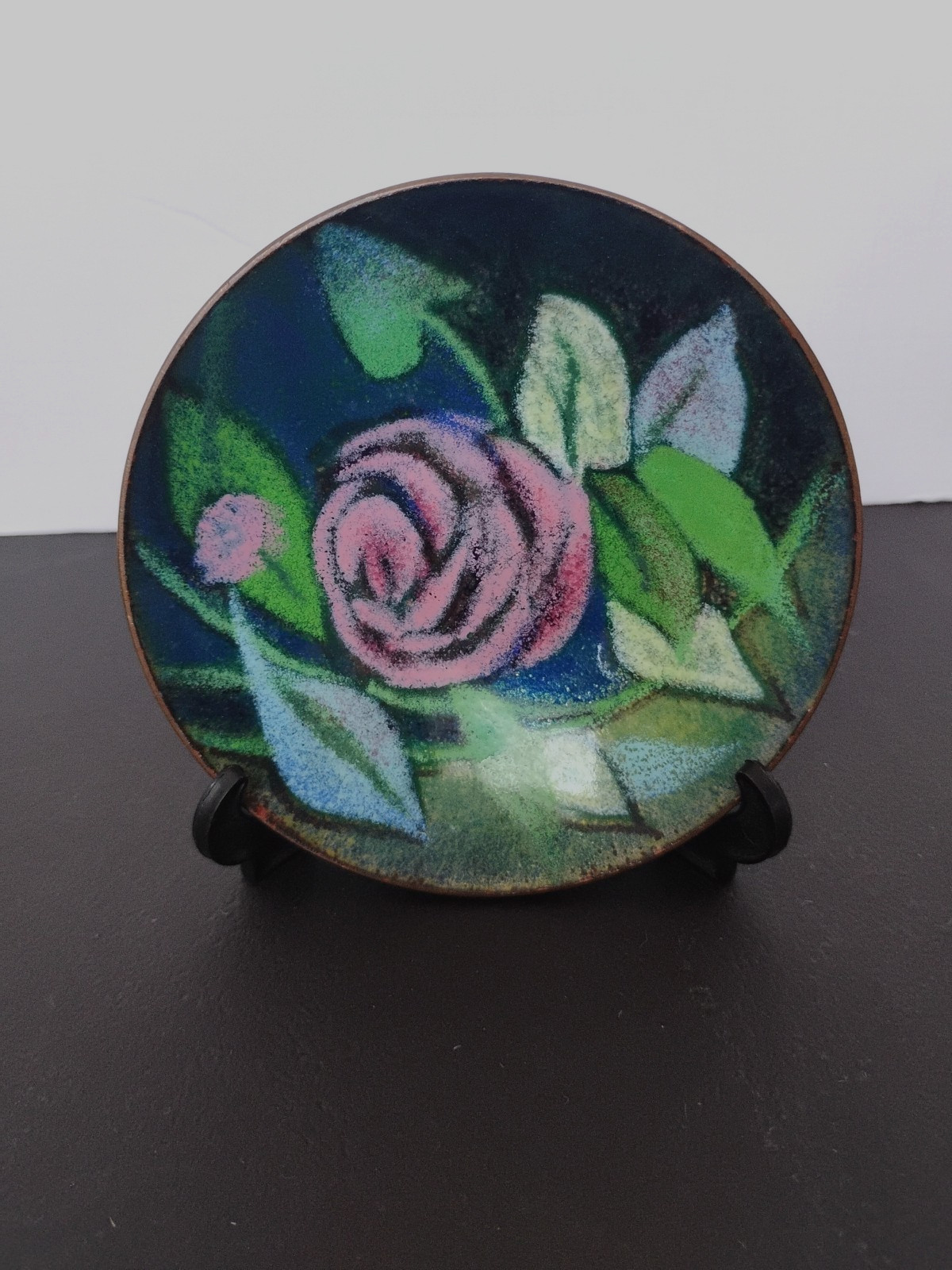 Chinese Cloisonné Teal Enamel Copper Plate Trinket Dish 3.75” Floral Decor