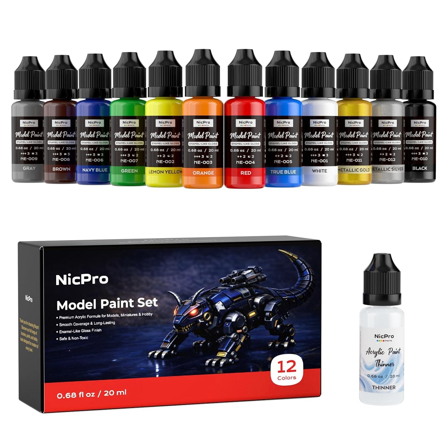 Nicpro 12 Colors Model Paint Set, Enamel-Like Gloss Finish, 20ml Ready to Use Mo