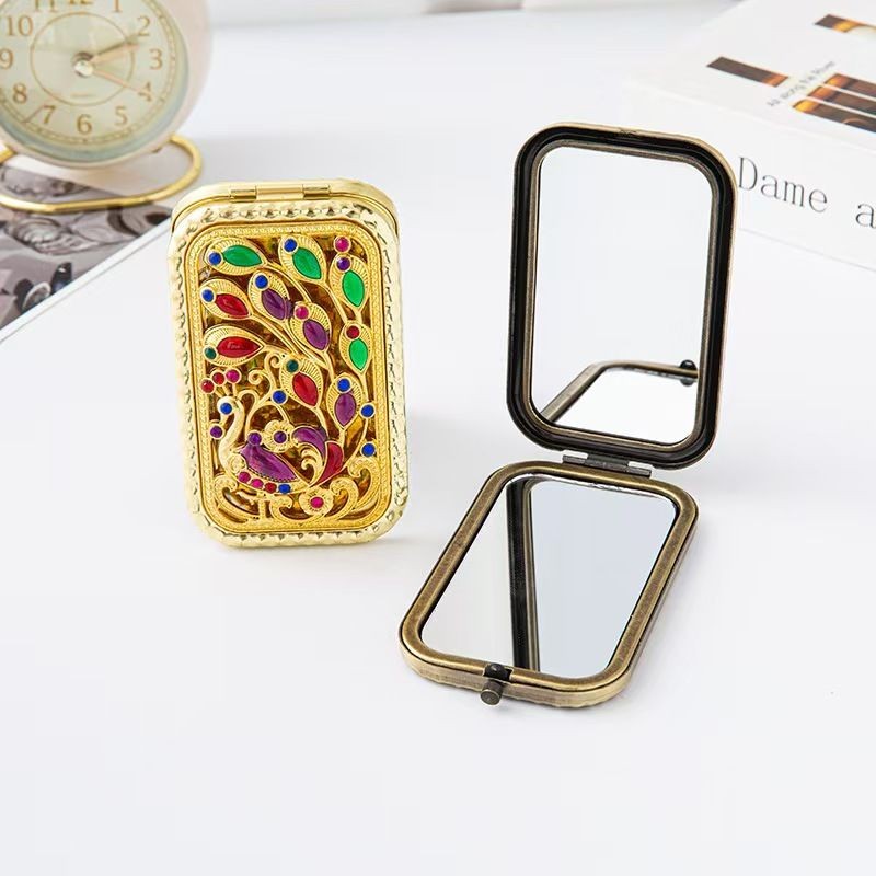Cloisonne Retro Metal Makeup Mirror Portable Folding Double-Sided Pocket Mirror