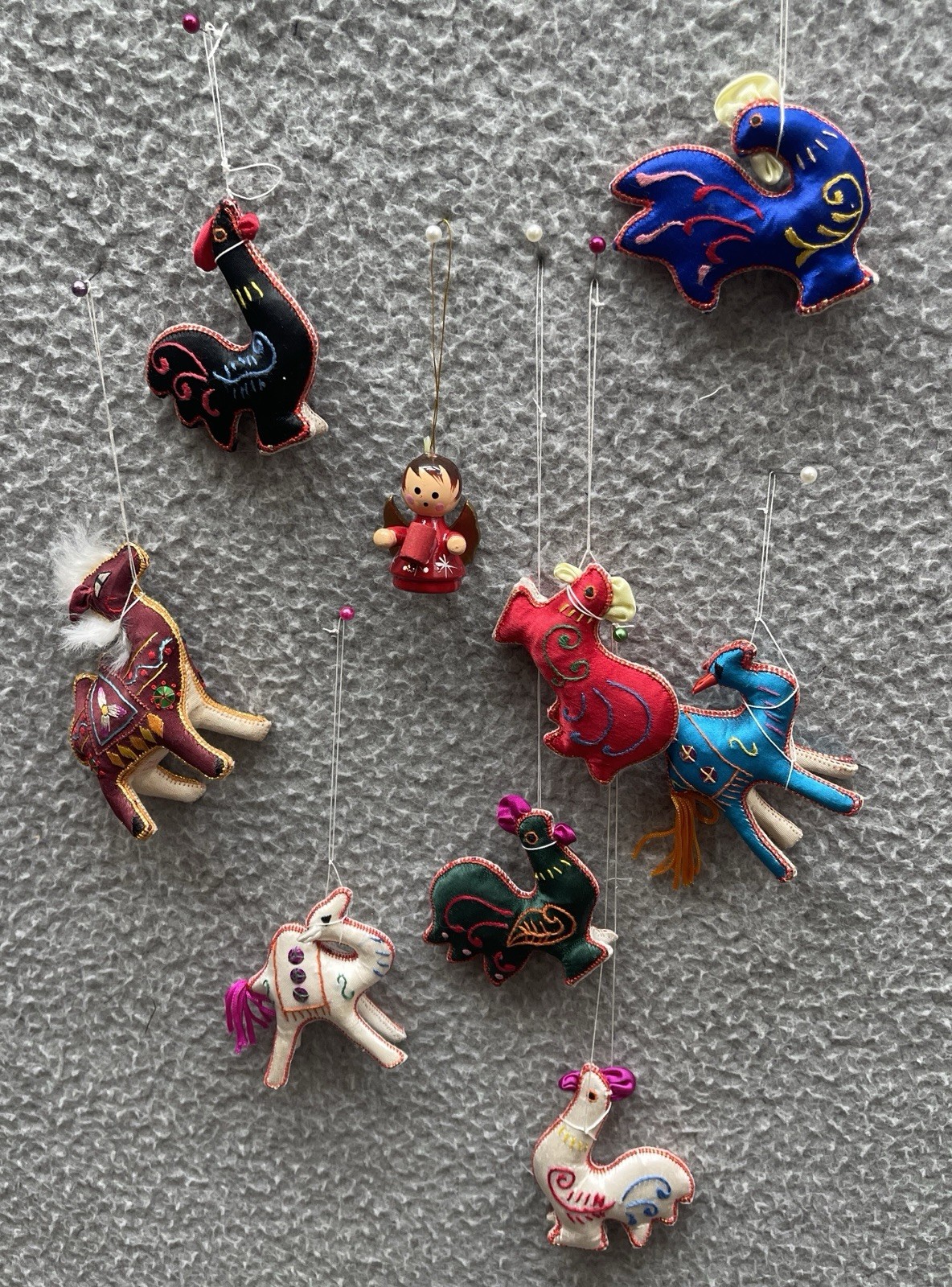 Asian Chinese Silk rooster camel Ornaments Hand Embroidered VTG 60-70s Lot 8