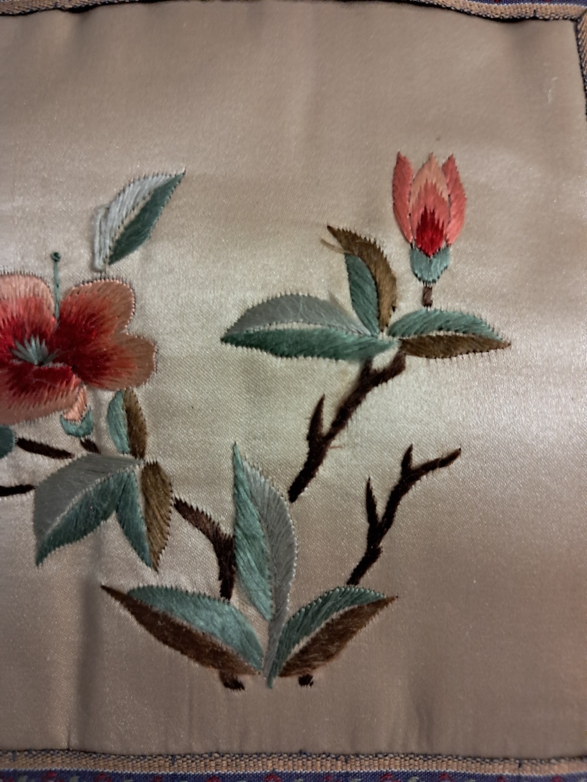 Vintage Chinese Silk Embroidered Decorative Pillow Floral Butterfly 10 X 9 In