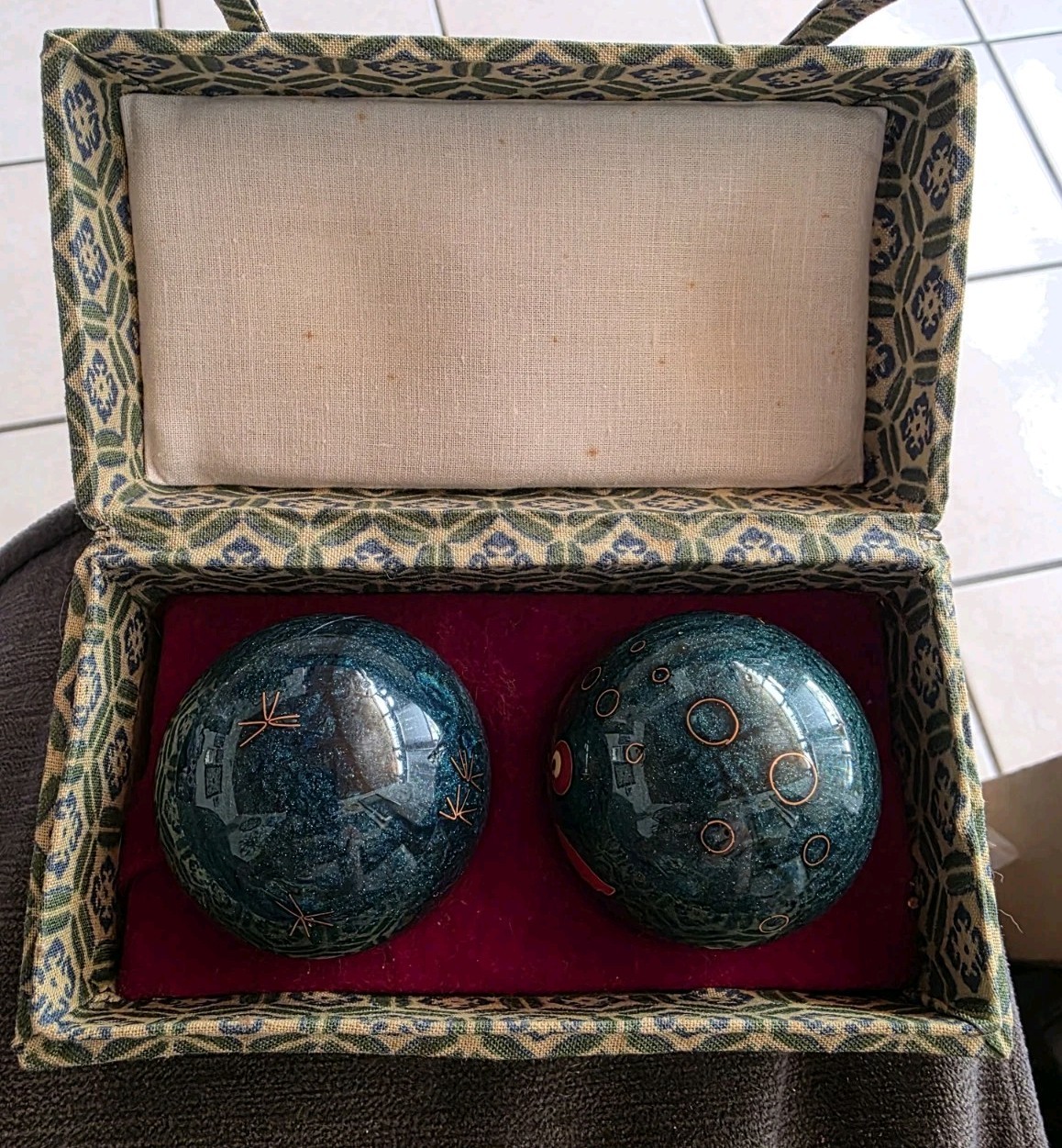 Vintage Chinese Baoding Health Medicine Musical Balls w/Box Koi Fish Shouxing