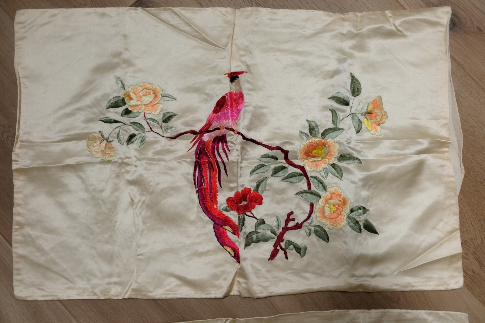 Vintage Chinese Embroidered Silk Large Panel Bed Cover 78″x87″ – never used!