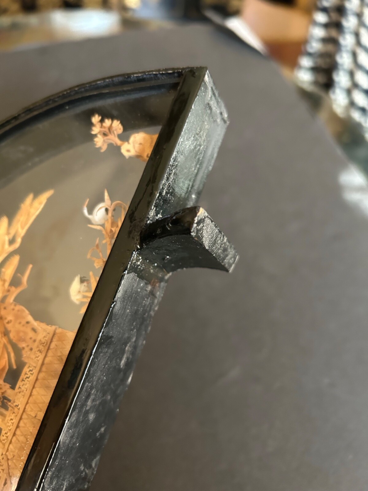 VINTAGE CHINESE SAN YOU DIORAMA CORK CARVING GLASS CASE PAGODA TREES & CRANES.
