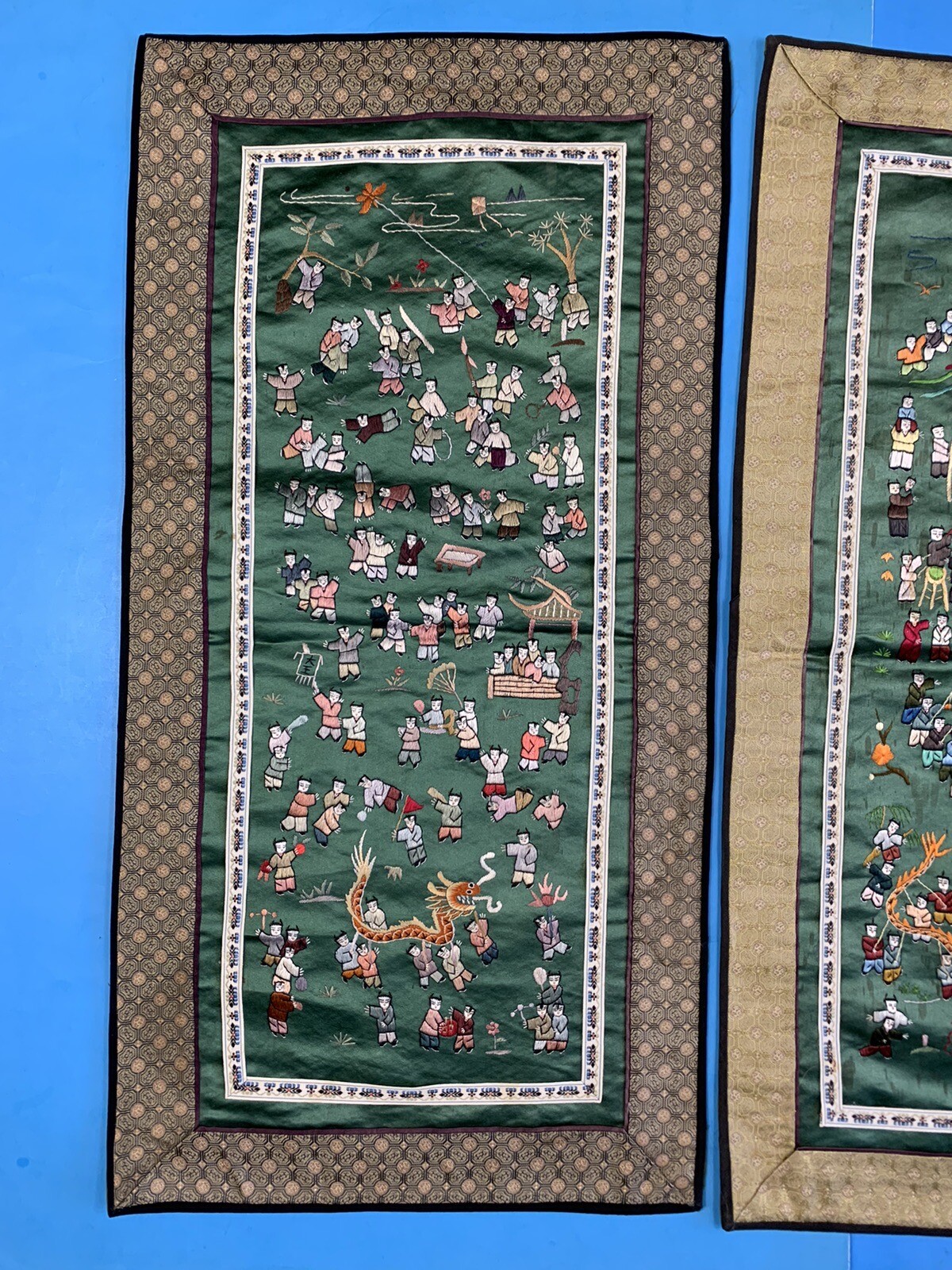 2 Vintage Chinese Hand Embroidered Silk Tapestry Wall Hanging Panels Children
