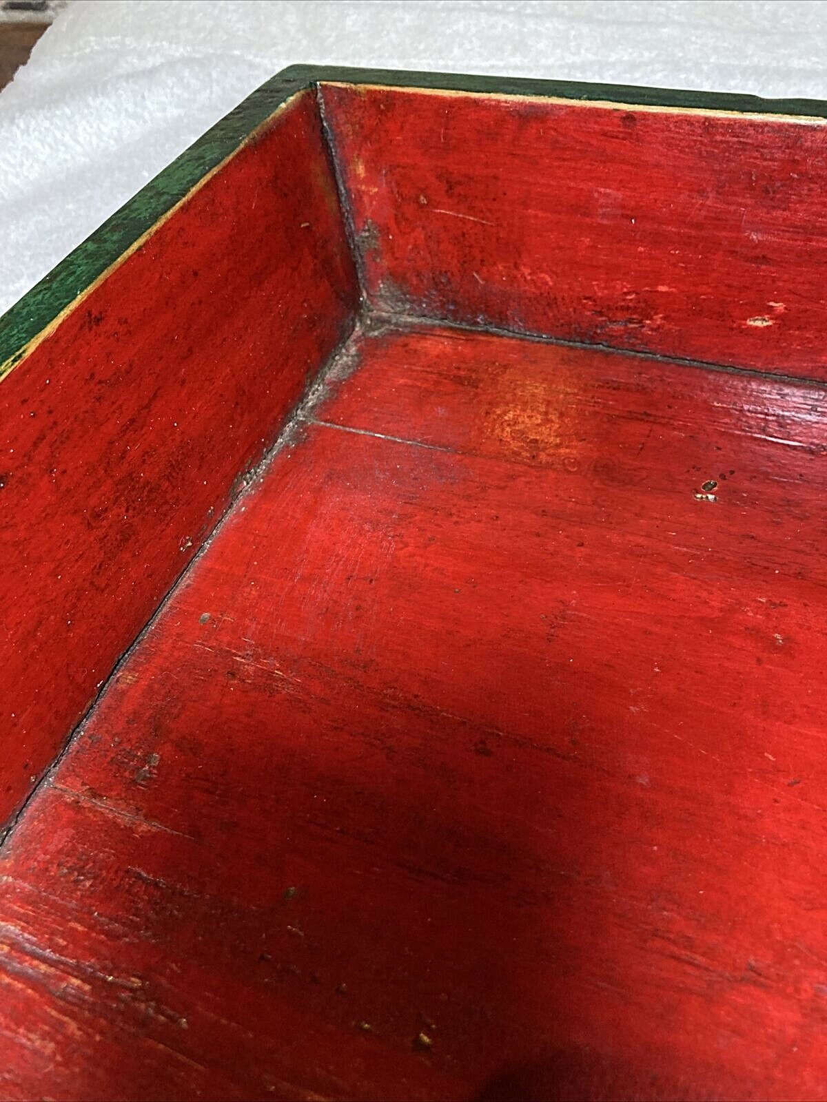 Asian / Chinese antique red green lacquer peony wood serving tray 26”