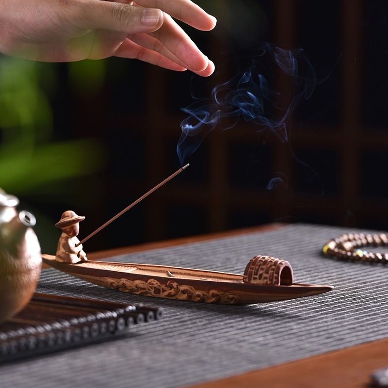Chinese Leaf Boat Incense Holder Ceramic Stick Base Home Office Ornament Gift