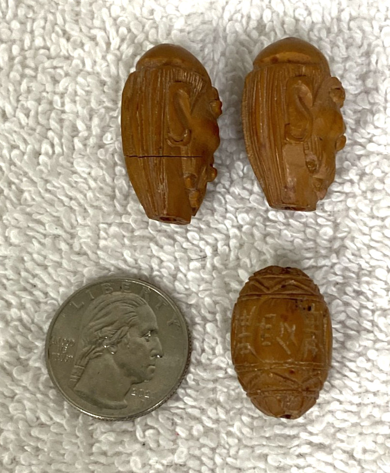 3 Chinese Hediao Deity Faces Symbols Hand Carved Nut Wood Beads 15/16″ – 1 1/8″