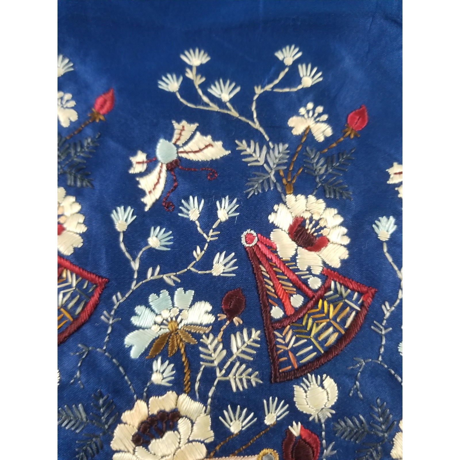 Vintage Chinese Hand Embroidered Floral & Botanical Silk Panel 86x18in