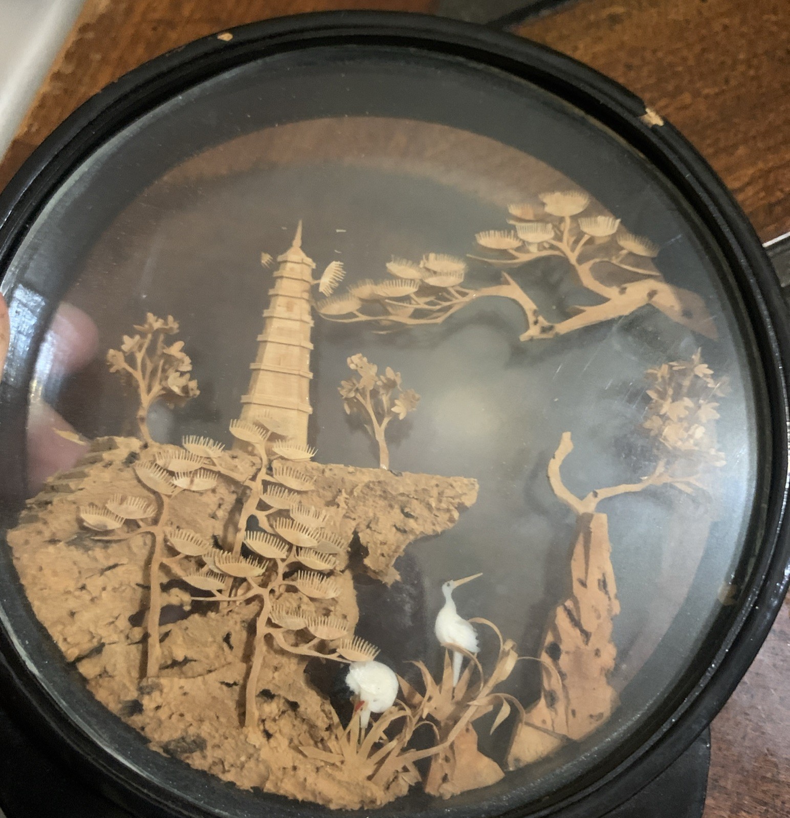 Vintage Chinese San You Cork Art Hand Carved Diorama Pagoda Cranes Trees-READ
