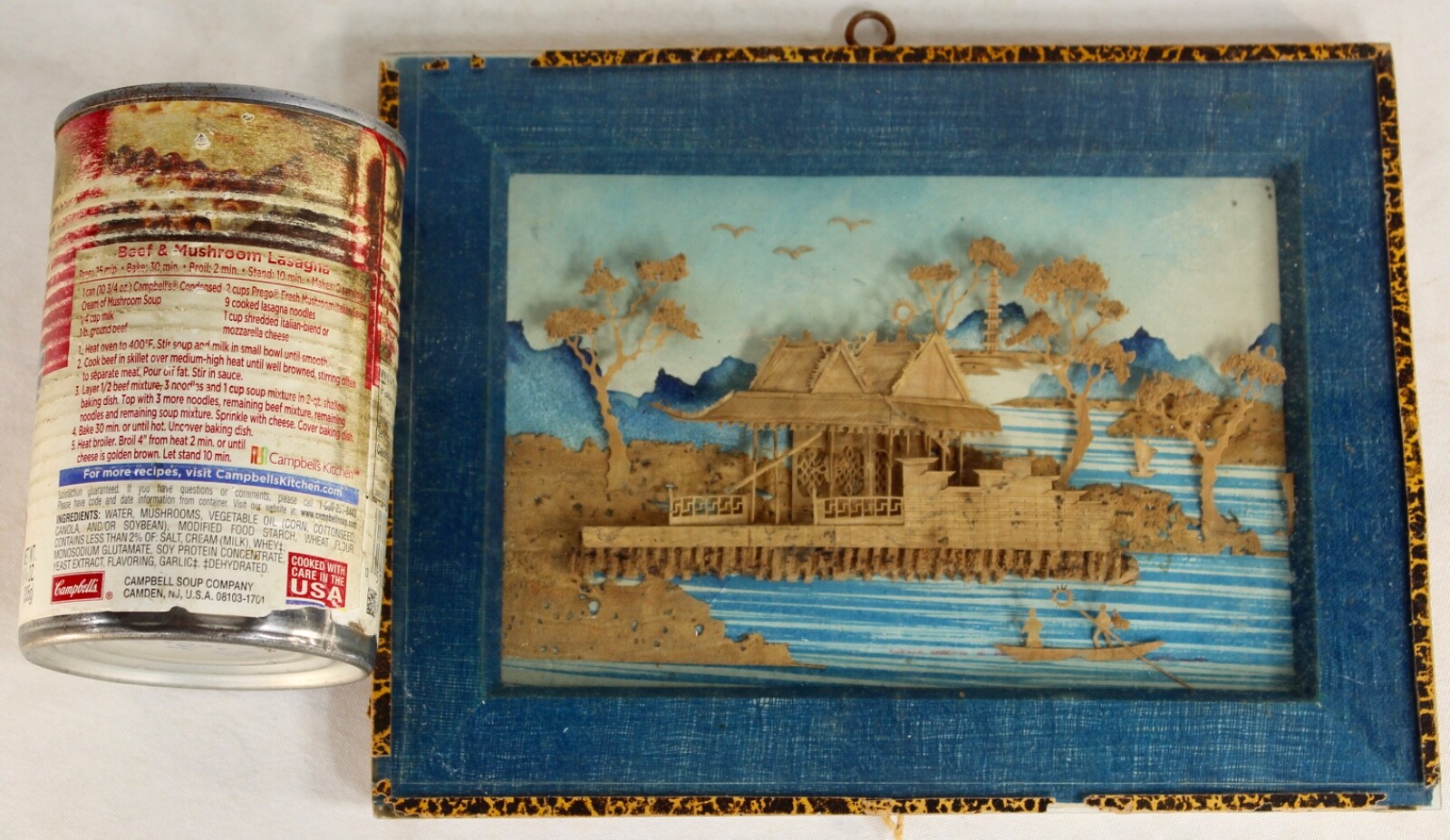 Antique Chinese Asian Miniature Wood Carving Village Scene Signed Stamp Framed