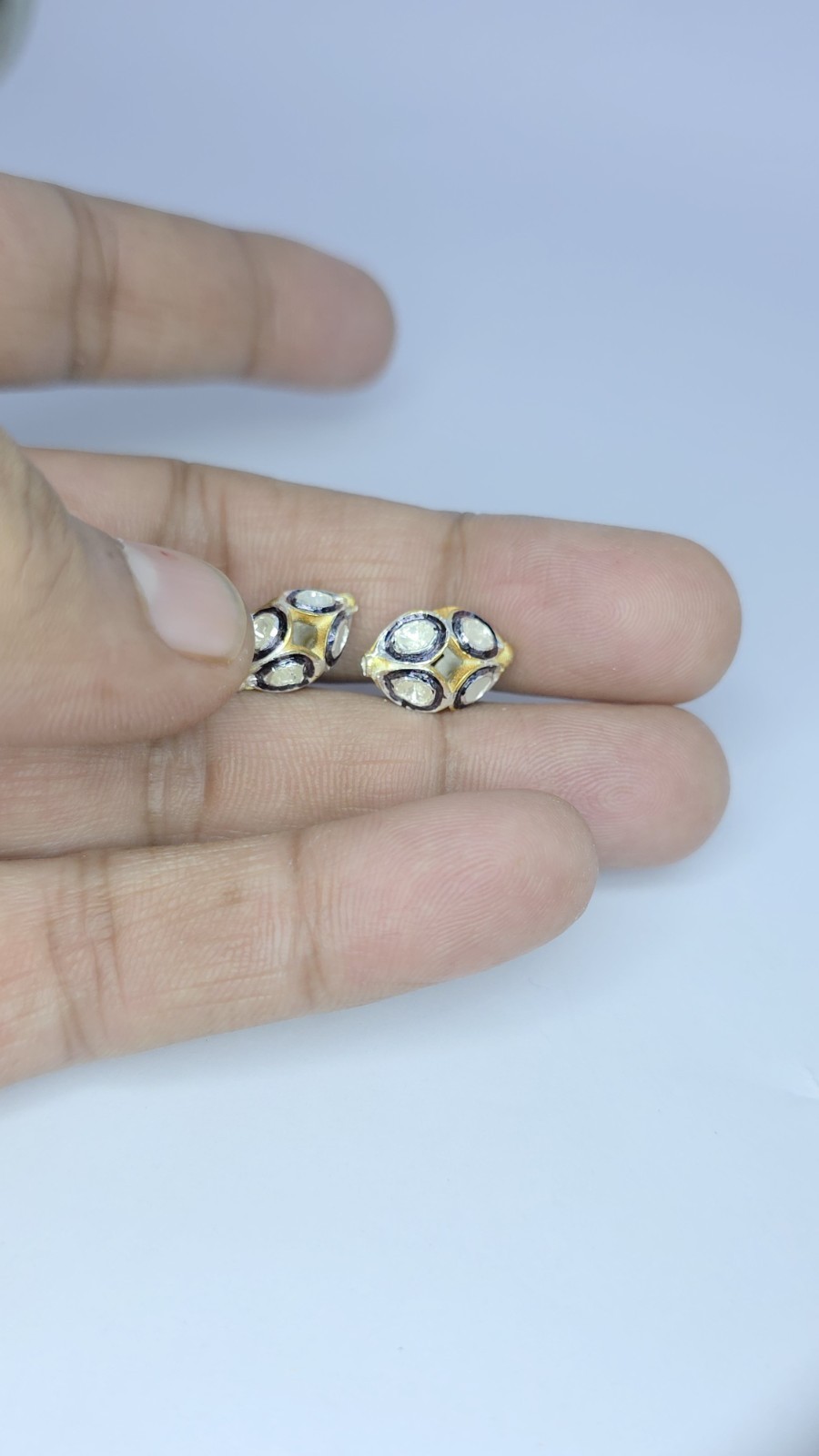 Pave Diamond Oval RoseCut Diamond Beads 925 Silver Polki Beads For Jewelry.