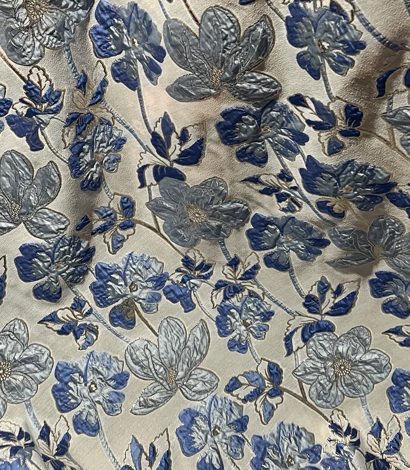 Blue White Gold Floral Metallic Brocade Fabric 58” Width Sold By The Yard