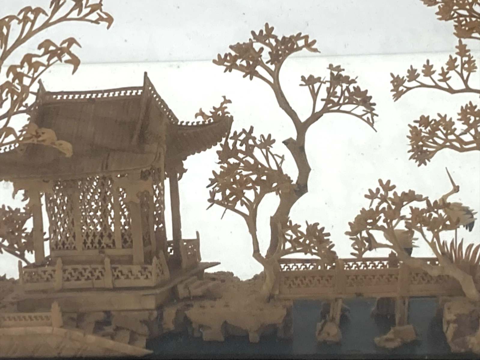Chinese Cork Art Village Scene Cranes Glass Frame Wood Stand Vintage READ