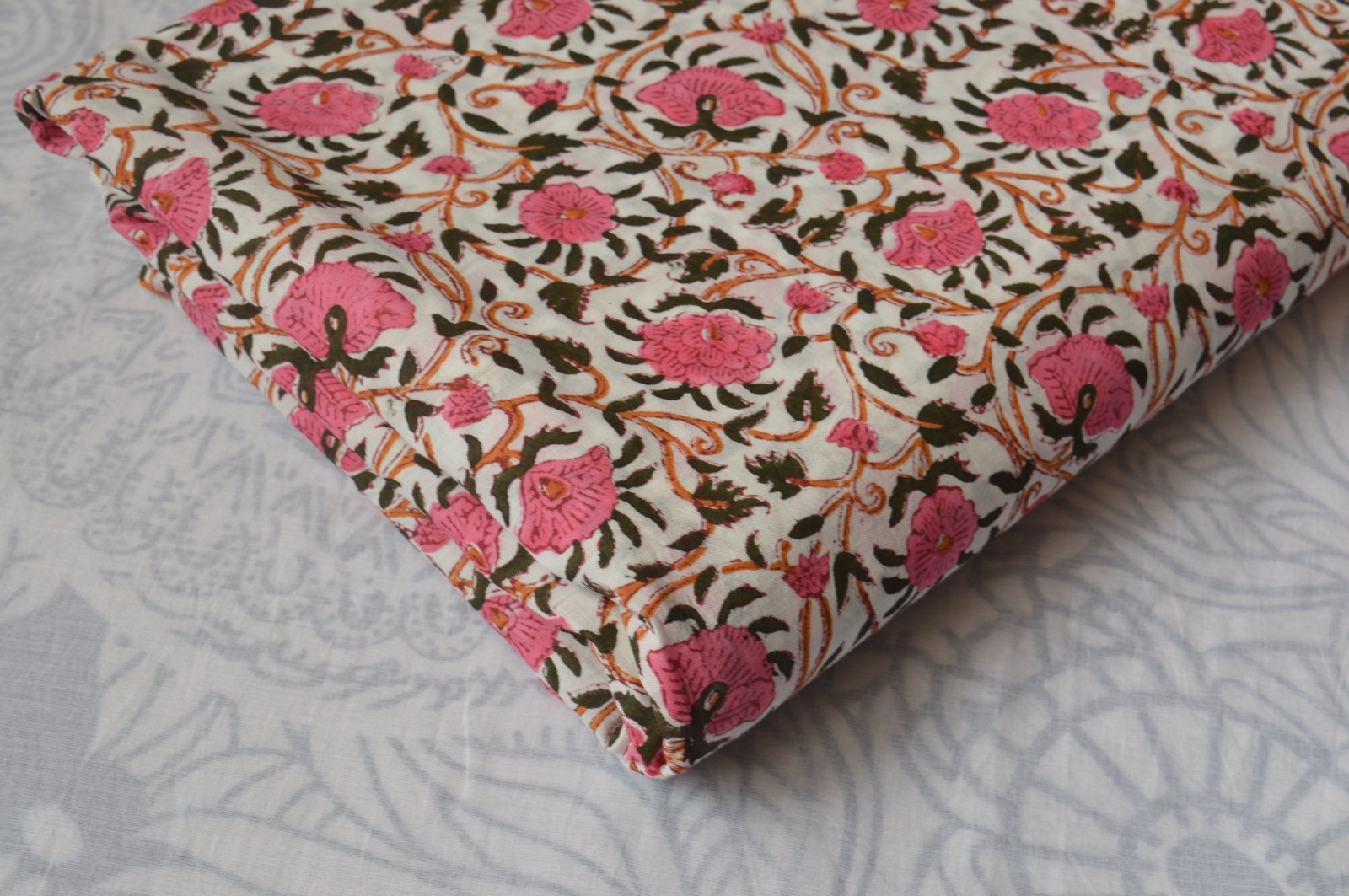 Hand Block Floral Print 100%Cotton 5 Yard Fabric NO TARRIF CHARGES 100%✅ZK_163*