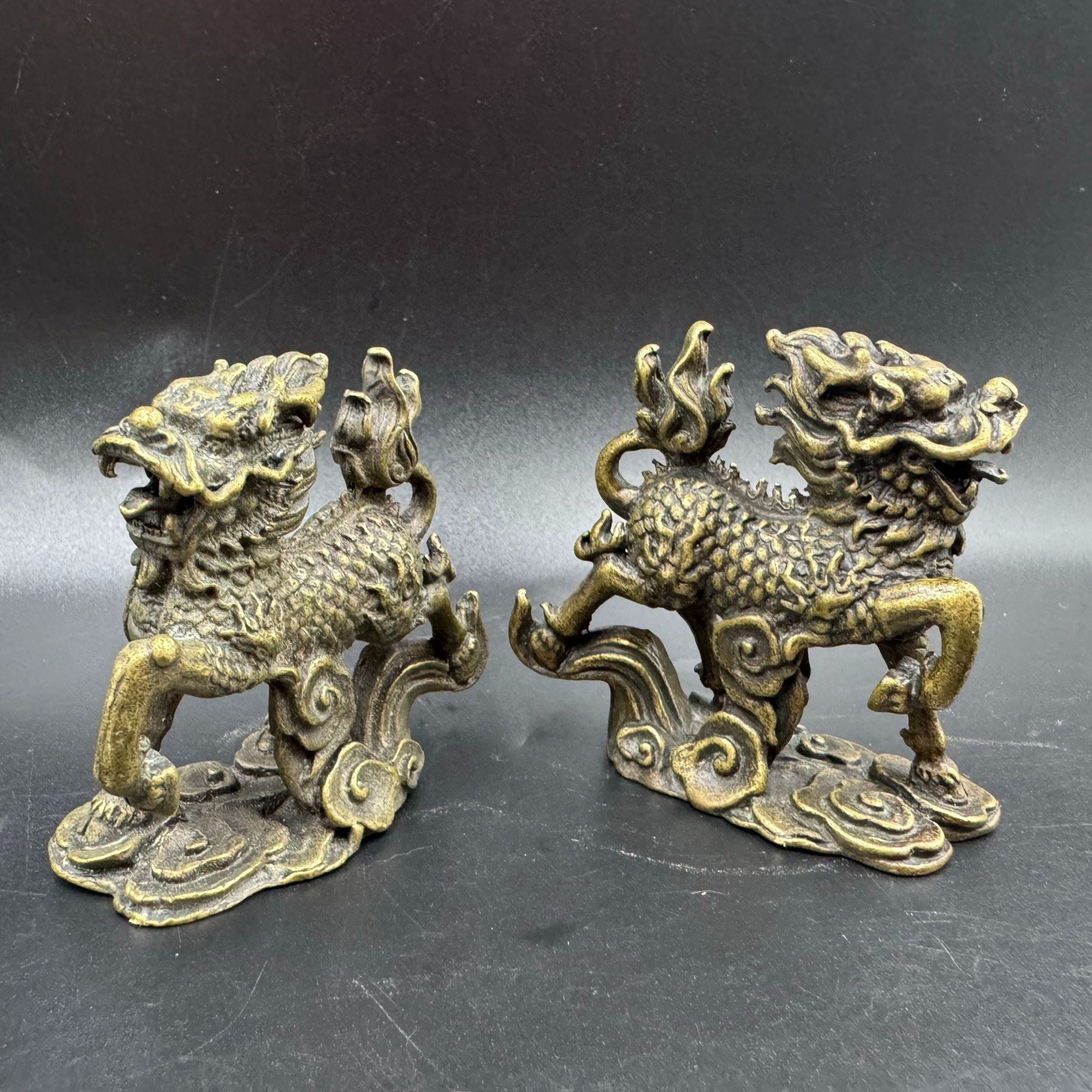 Vintage Brass Qilin Kirin Mini Statues Feng Shui Wealth Protection Desk Ornament