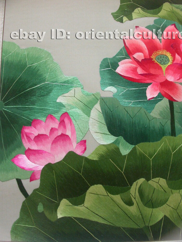 Chinese 100%hand embroidered silk brocade mounted suzhou embroidery:Lotus flower