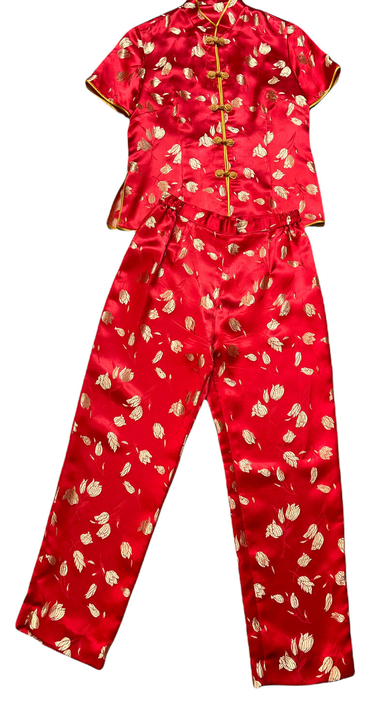 Chinese New Year Red Gold Silk Floral Top Zip Pant Outfit Womens Size M