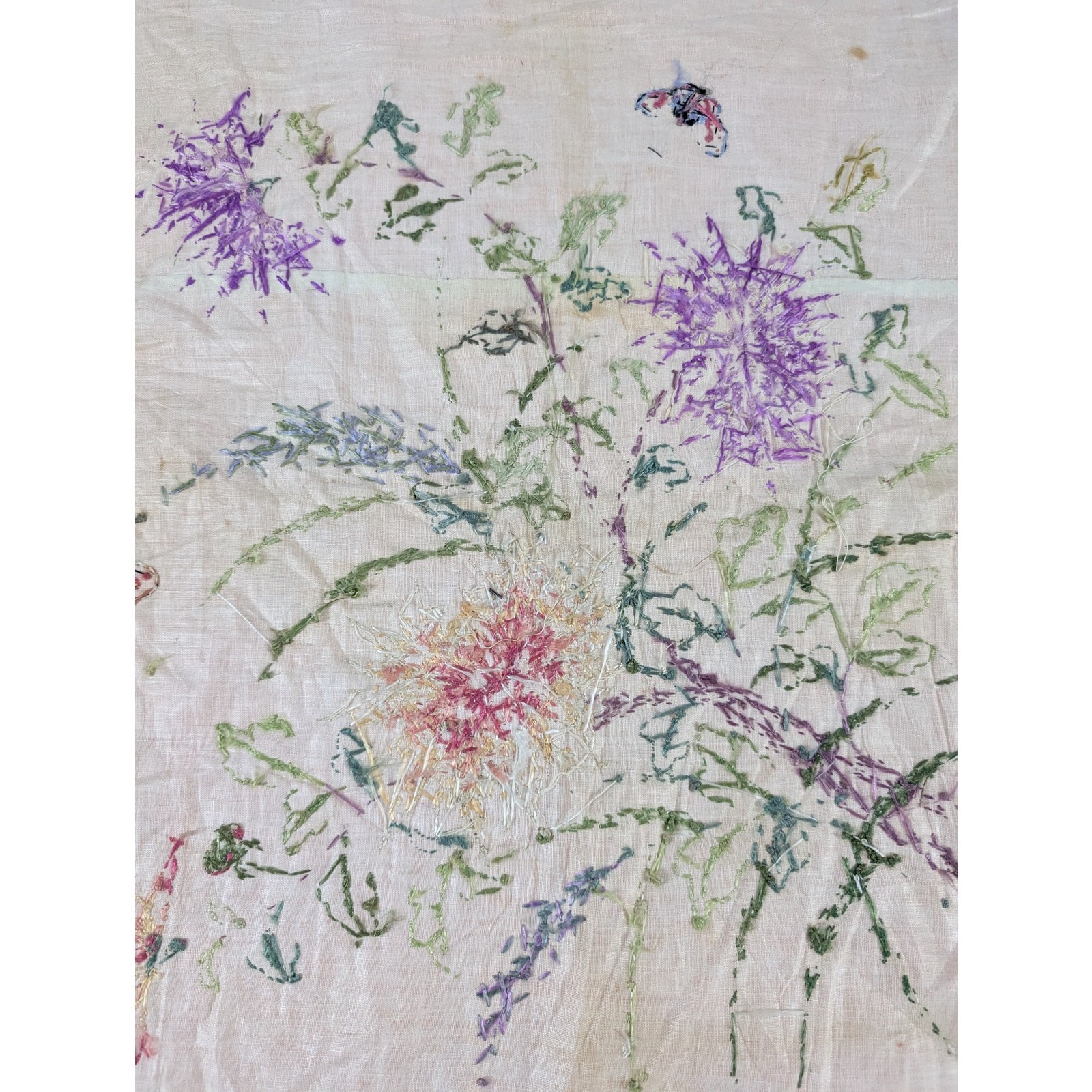 Vintage Chinese Hand Embroidered Floral & Butterfly Silk Textile 23x18in