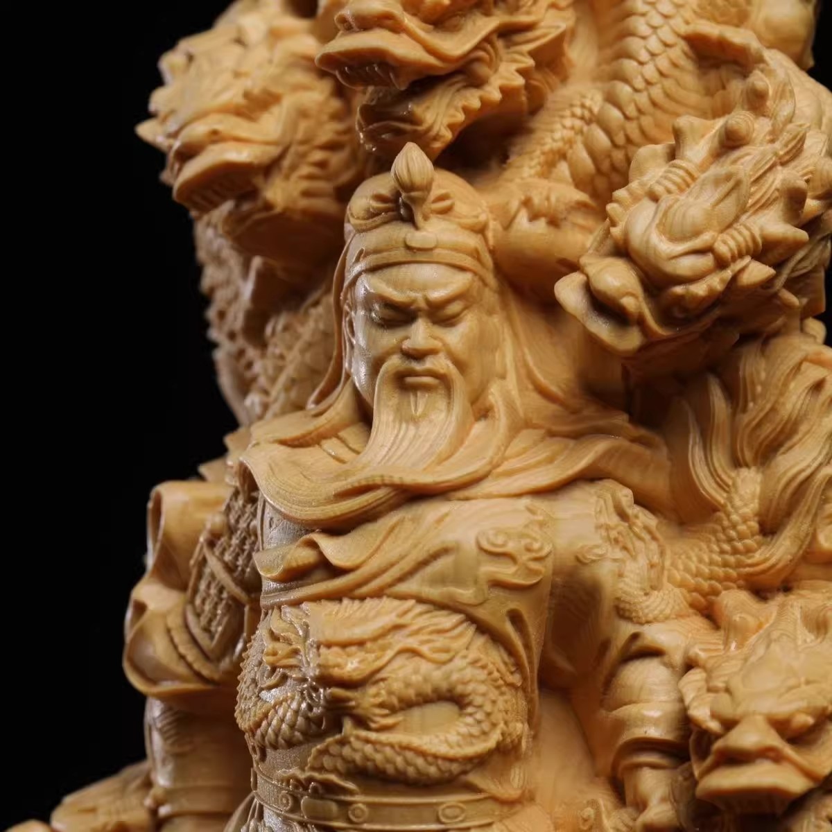 8″ Chinese Cypress Wood Carved Guan Yu Guan Gong Warrior Dragon Statue Figurine