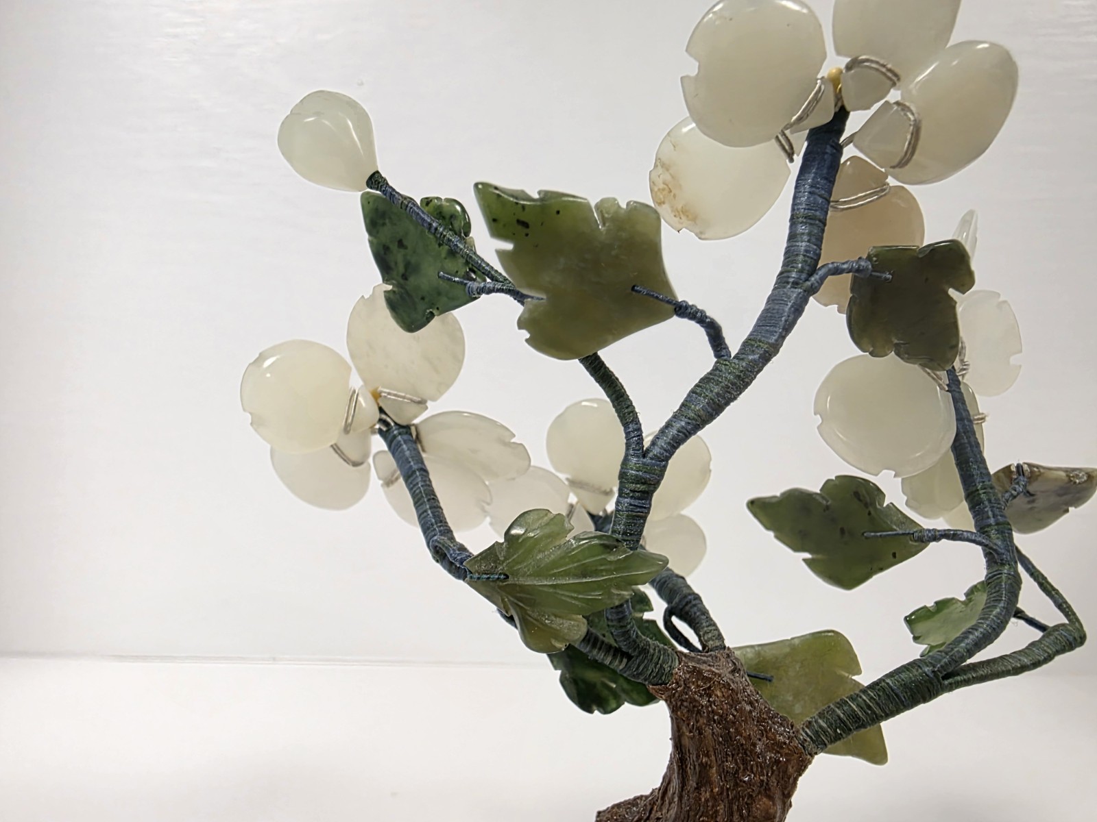 Asian Bonsai Tree Blossom Cloisonne Floral Pot White And Green Stone Jade?