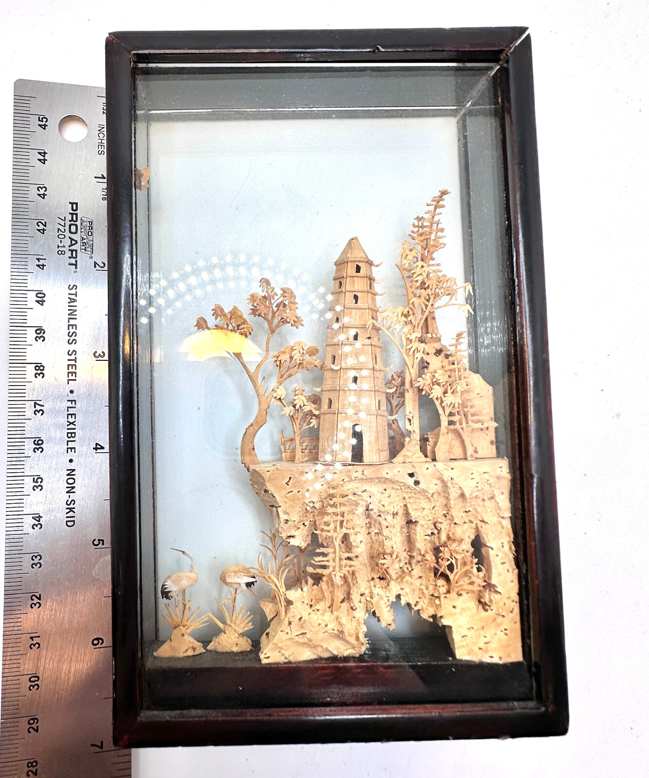 Vintage Hand-Carved Asian Cork & Wood Pagoda Diorama Black Lacquer Stand San You