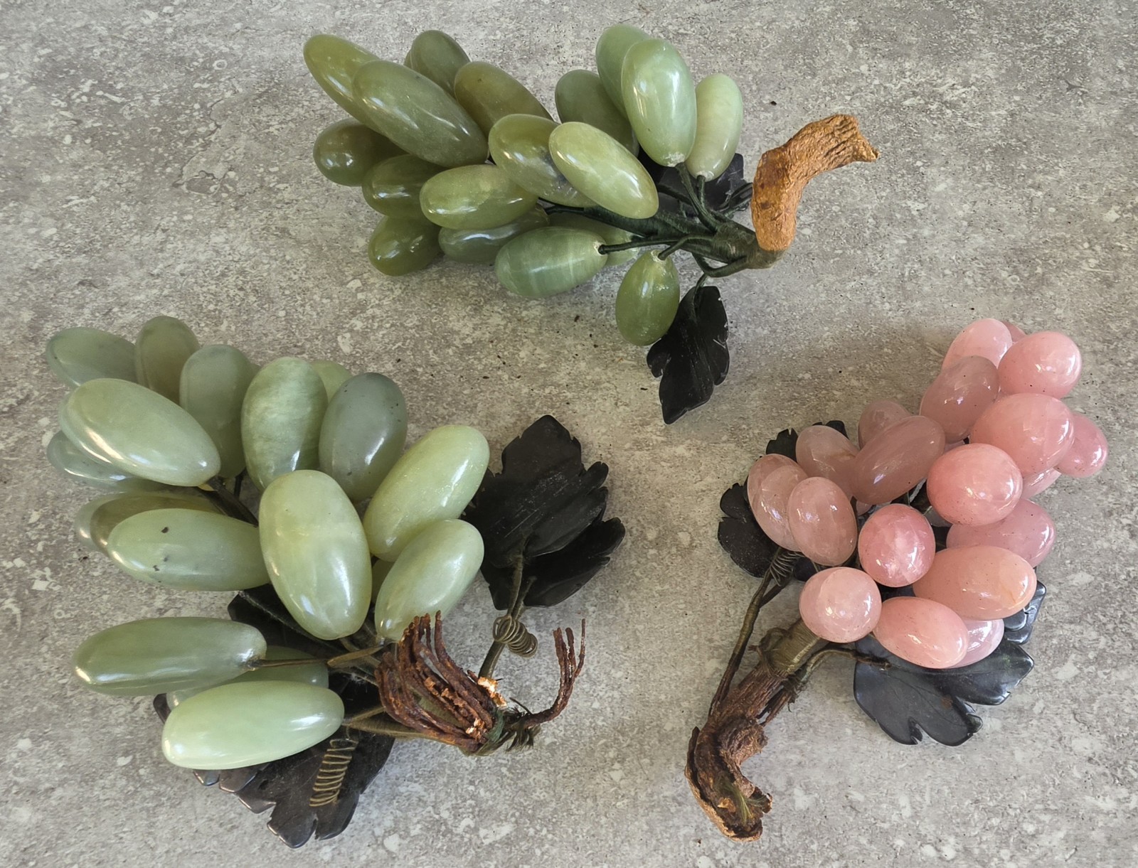Lot 3 Vtg Green Jade Pink Quartz Chinese Stone Grape Leaf Clusters Carved Leaves