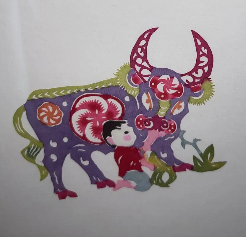 Chinese Paper Cutouts Boy and Cows