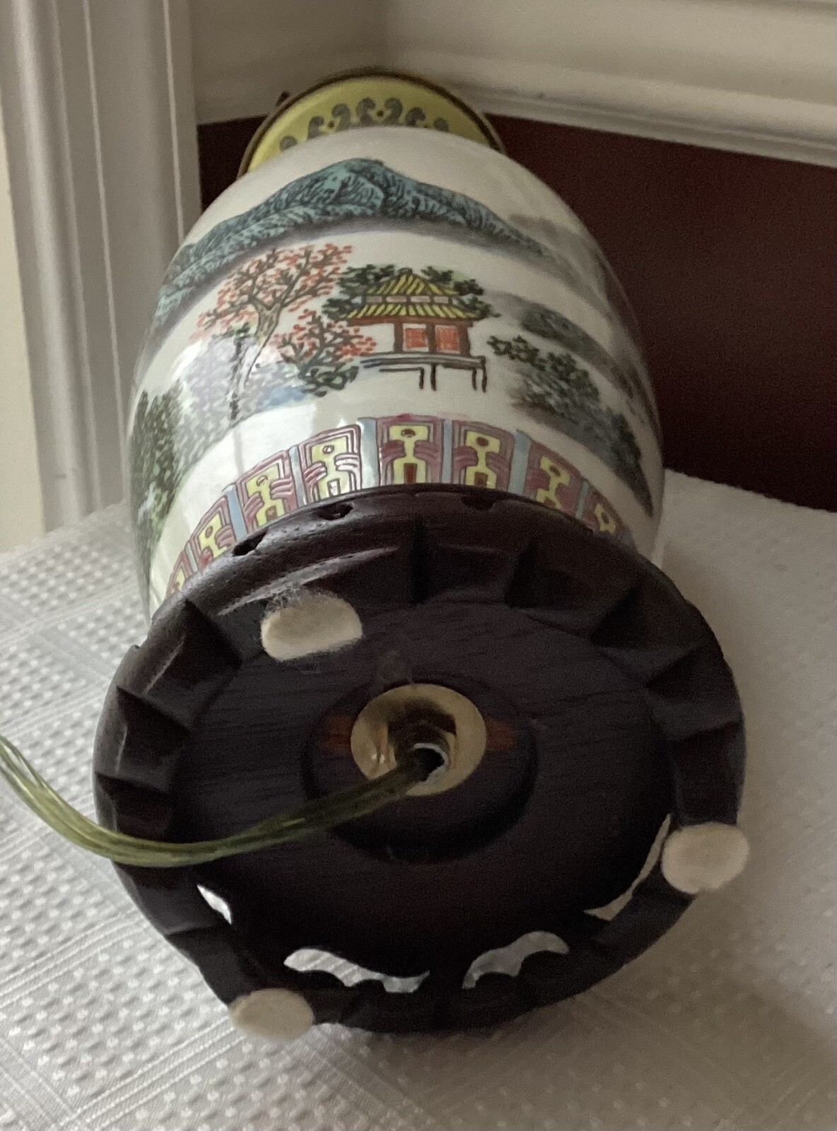 Vintage Chinese Famille Rose Porcelain Landscape Vase Lamp Inscribed 17.25″
