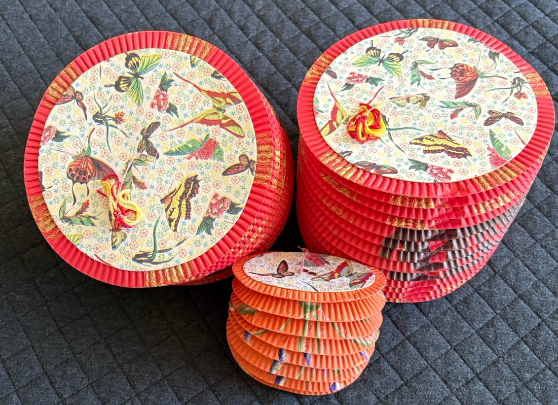 Lot-3 Mid Century Chinese Red Paper Lanterns Prosperity Festival Bright Future