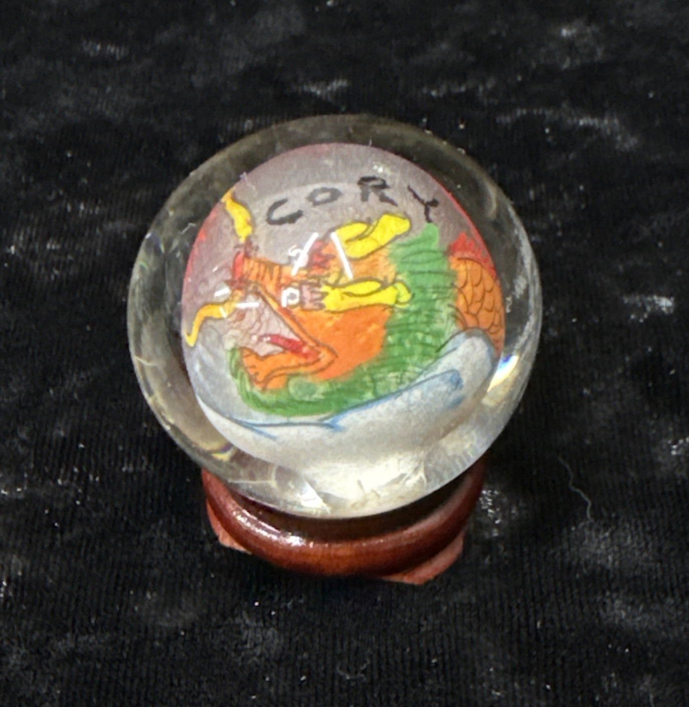 Chinese reverse painted Glass Ball Sphere Orb Dragon w/Stand 1 3/4″ x 1 1/2″