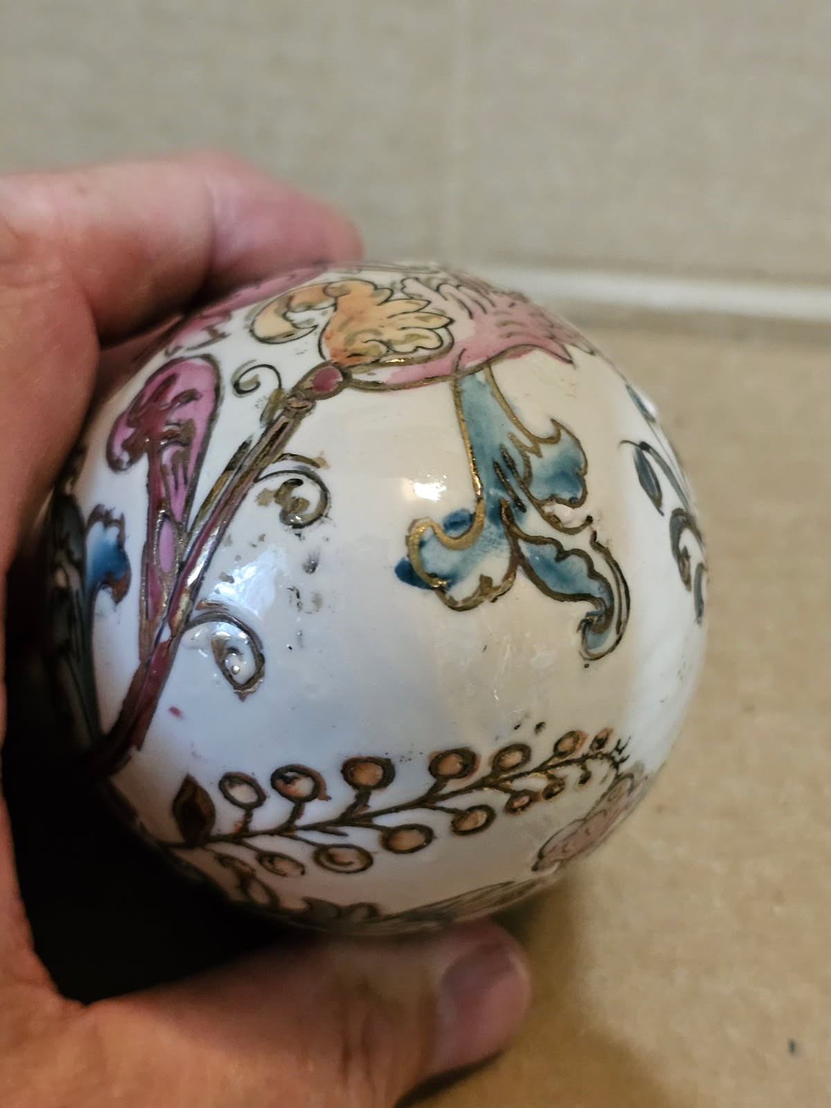 Vintage 4.5×3 Inch Chinese Porcelain Egg Textured Hand Painted With Gold Trim
